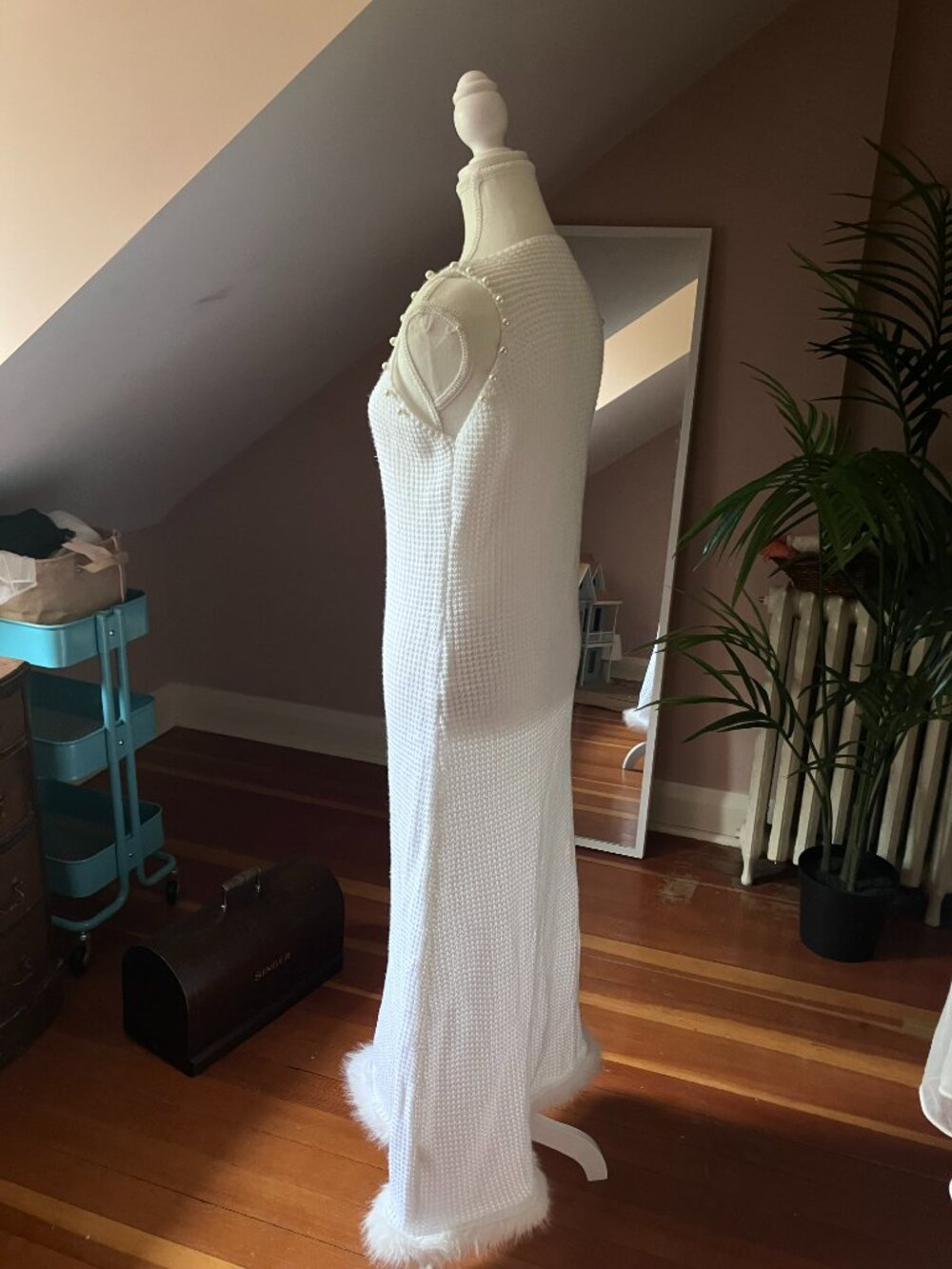 White loose cable knit fur trimmed maxi dress long sundress cover up summer - Picture 11 of 11